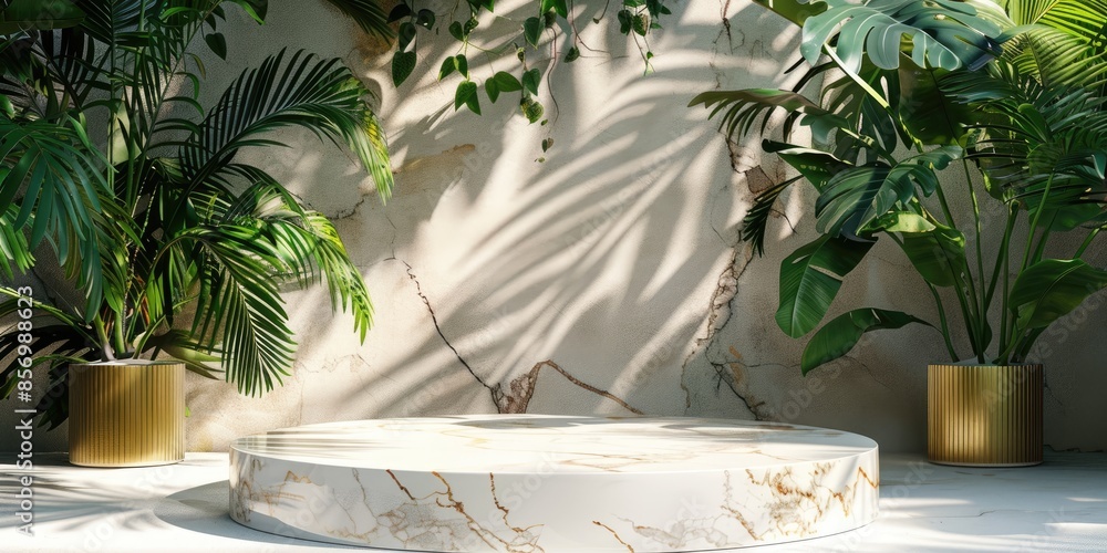 Poster Minimalistic design featuring a round podium with palm tree shadow patterns on a textured wall