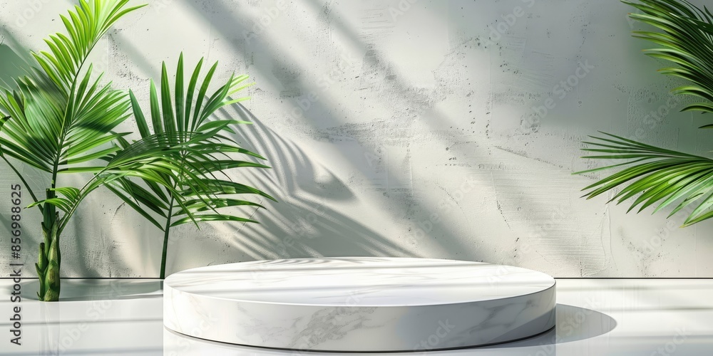 Aufkleber Minimalistic design featuring a round podium with palm tree shadow patterns on a textured wall