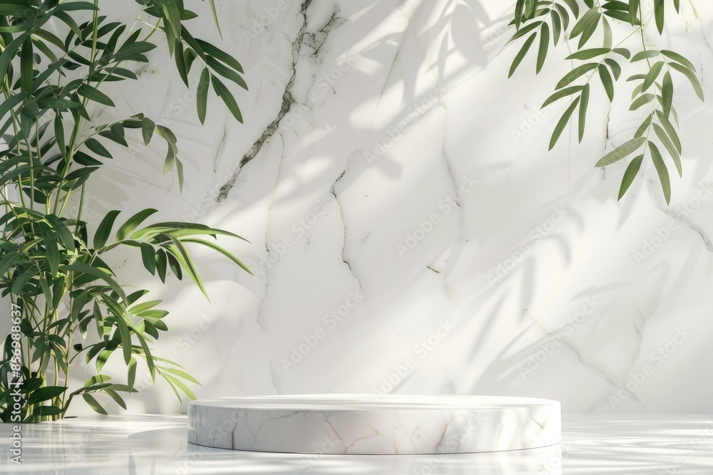 Aufkleber Minimalistic design featuring a round podium with palm tree shadow patterns on a textured wall