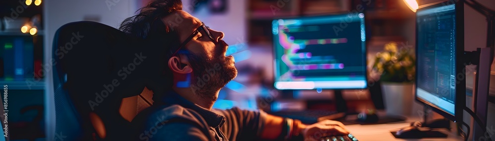 Poster weary developer yawning at coding desk with dual monitors during late night project