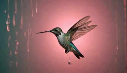 Fototapeta premium Hummingbird in Flight Against Pink Background.