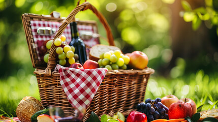 open picnic basket filled with goodies like sandwiches, fruit, and a bottle of wine, with a checkered cloth lining. The abundance of delicious treats and the cozy setting capture the joy of outdoor su