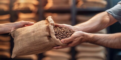 A hand reaches out to receive a burlap sack full of coffee beans at a Fairtrade Fortnight market
