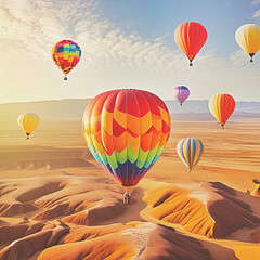 Obraz premium 광활한 대지에 알록달록한 열기구 