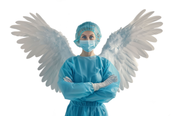 A female doctor standing with her arms crossed, wearing surgical dress and mask, depicted as an angel with wings.