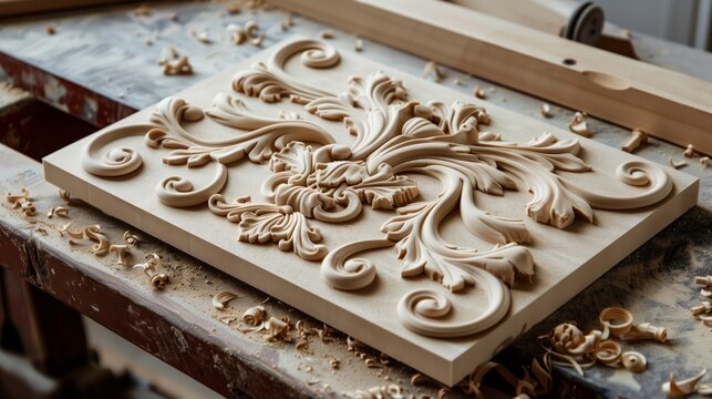 An intricately carved MDF board rests on a finely crafted woodworking bench.