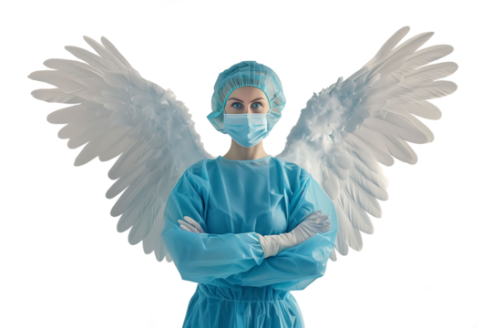 A female doctor standing with her arms crossed, wearing surgical dress and mask, depicted as an angel with wings.