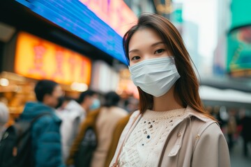 Young Asian woman wearing a protective face mask to prevent the spread of germs and viruses in the city