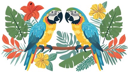 Two colorful background with parrots and sitting on branch, summer tropical leaves, on white background