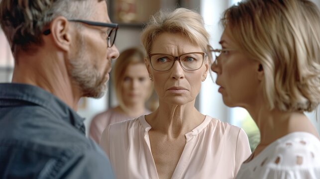 Serious family meeting with intense conversation. Middle-aged man and woman stand face to face with a concerned elderly woman in between. Modern social dynamics and conflict. AI