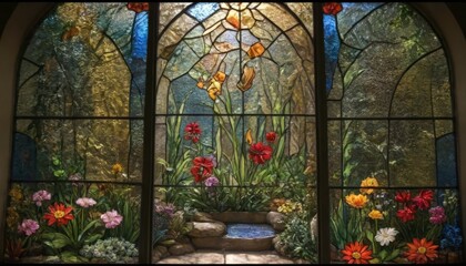 Fototapeta premium Stained Glass Window Depicting a Garden.