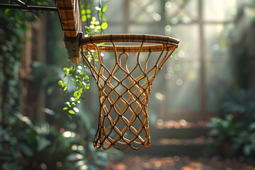 A basketball hoop with intricate natural rattan cane webbing, glistening with dew, illuminated by warm sunlight and creating a serene atmosphere