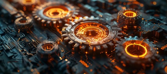 RUST Programming Language Concept with Rusty Gears and Binary Code on Dark Tech-Themed Background Symbolizing Fusion of Old Machinery and Modern Programming