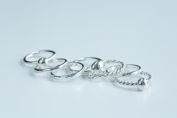 Collection of handmade silver rings. Crafted by skilled jewellery maker. Cottage industry.