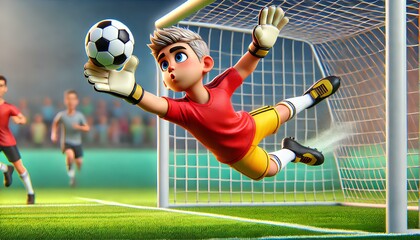 A 3D cartoon goalkeeper in a red jersey and yellow shorts dives mid-air to save a soccer ball, with a goal net behind.