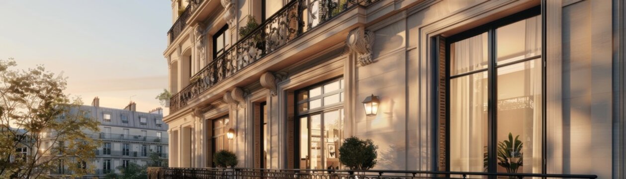 Refined Haussmannstyle architecture with tall windows, wrought iron railings, and a limestone exterior, showcasing classic Parisian style