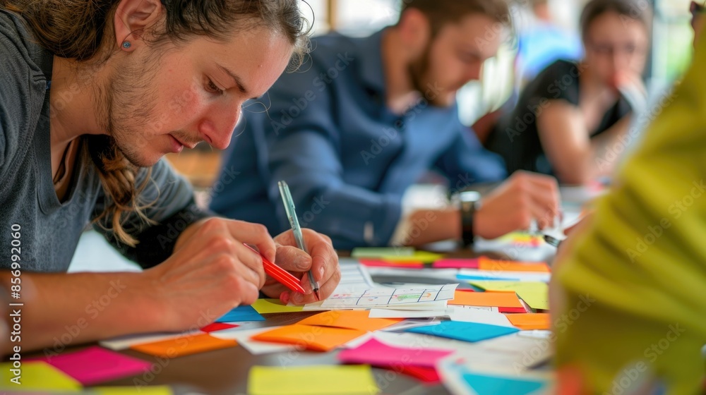 Poster team of students or professionals brainstorming and taking notes on sticky notes during a strategy o