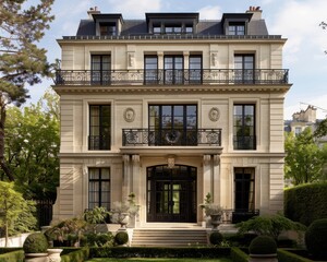 Fototapeta premium Stunning Haussmannstyle architecture with tall windows, elegant wrought iron railings, and a limestone exterior, capturing timeless Parisian charm