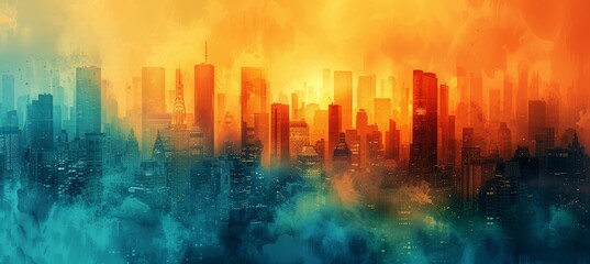 Spectacular Watercolor Painting of Abstract Urban Cityscape in Orange and Teal