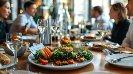 A group of business professionals having a team meeting and discussing various projects over a catered lunch in a contemporary restaurant setting with tasteful decor and ambiance