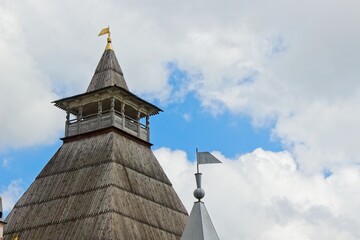 Rostov, Russia, July 15, 2020. The hipped wooden roof of the watchtower in the Kremlin.