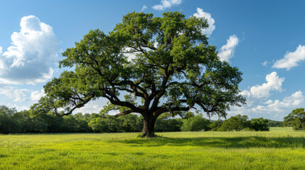 Obraz premium A large, majestic oak tree standing alone in a lush green meadow under a clear blue sky on a sunny day.