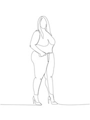 overweight girl in tight trousers and heels one line art. Continuous line drawing of body positive, overweight, plus size model, XL, health, fashion, self acceptance.