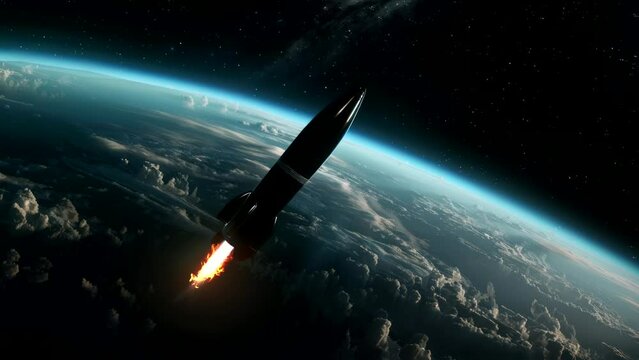 Missile with nose pointed downward, flames propelling it upwards, military technology concept
