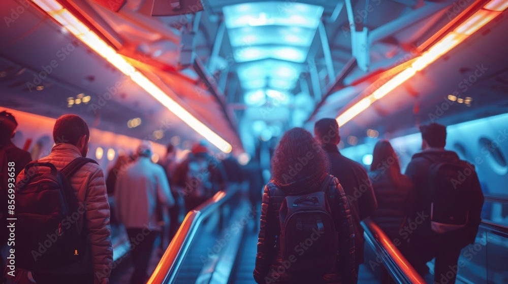 Poster passengers boarding an airplane through a jet bridge in a modern well lit airport terminal the corri