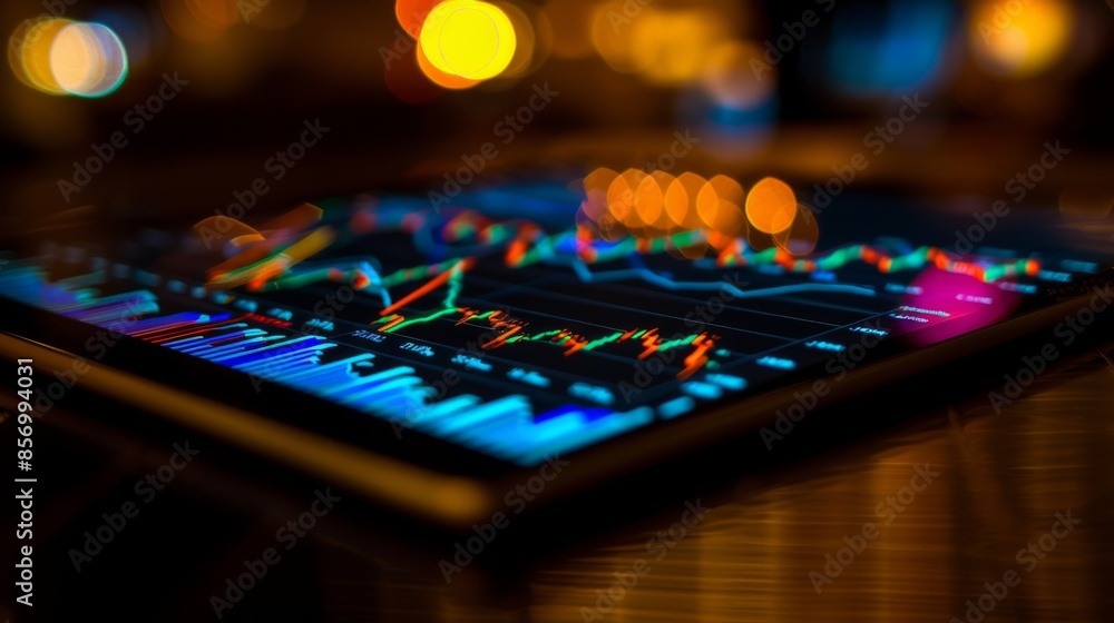 Aufkleber a digital tablet displaying investment performance charts and financial graphs for analysis.
