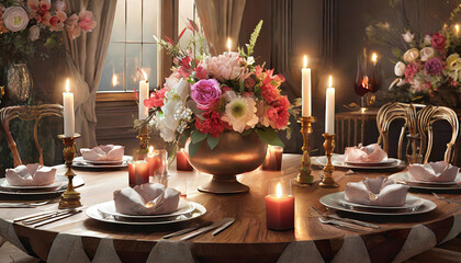 A close up shot of a restaurant table set up with tableware and wine glass. Concept of dining, hospitality and catering. Horizontal image with free space for text.