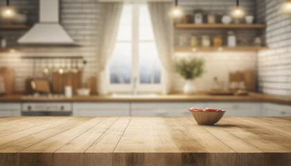 Wooden table on blurred kitchen bench background. Empty wooden table and blurred kitchen background