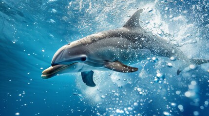Obraz premium A dolphin diving underwater with bubbles trailing behind, captured in a moment of agility.