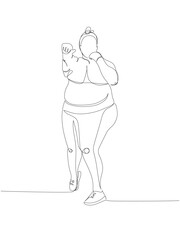 Overweight woman doing sports, boxing, box one line art. Continuous line drawing of body positive, overweight, plus size model, XL, health, fashion, self acceptance.