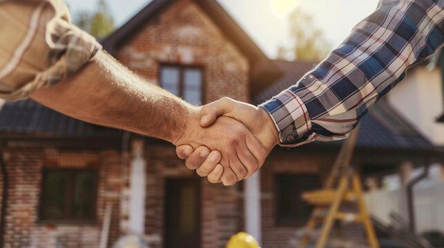 owner and construction work shaking hands in front of their new house.