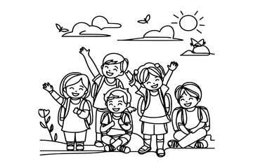 happiness little students group enjoy back toschool line art.