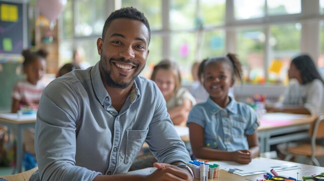 artistic summer camp, cheerful black art teacher aiding a diverse group of students in creating crafts at a camp, tables stocked with supplies, nature visible through windows, minimalist design with
