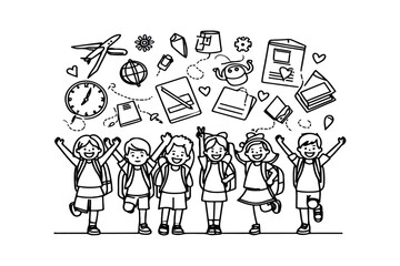 happiness little students group enjoy back toschool line art.