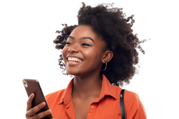Portrait of a happy woman using mobile phone isolated over PNG transparent background