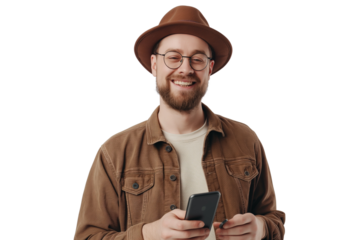 Portrait of a happy man using mobile phone isolated over PNG transparent background