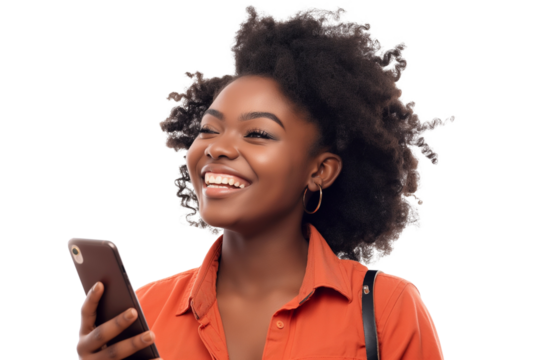 Portrait of a happy woman using mobile phone isolated over PNG transparent background