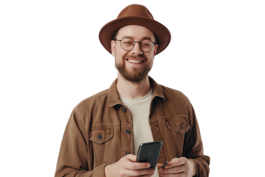 Portrait of a happy man using mobile phone isolated over PNG transparent background