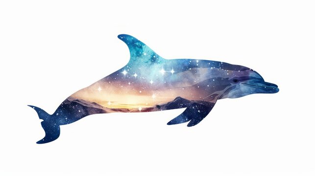 dolphin and desert night sky close up, focus on, copy space warm tones, Double exposure silhouette with stars