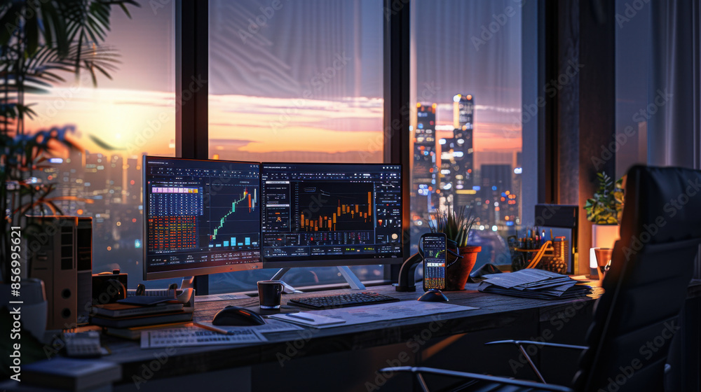 Aufkleber a modern trading desk in a high-rise office with multiple monitors displaying financial data and sto