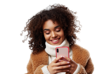 Portrait of a happy woman using mobile phone isolated over PNG transparent background