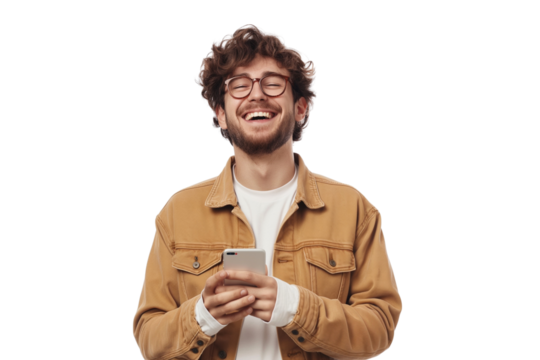 Smiling young man using smartphone, isolated on transparent background. Casual modern lifestyle concept with tech-savvy adult male holding mobile device.