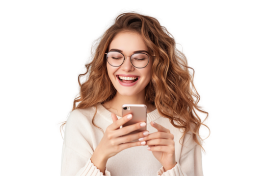 Portrait of a happy woman using mobile phone isolated over PNG transparent background - Powered by Adobe