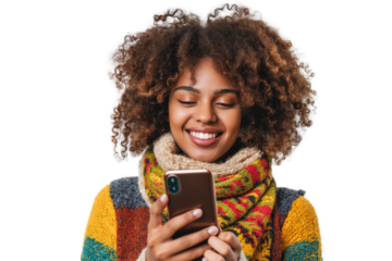 Portrait of a happy woman using mobile phone isolated over PNG transparent background