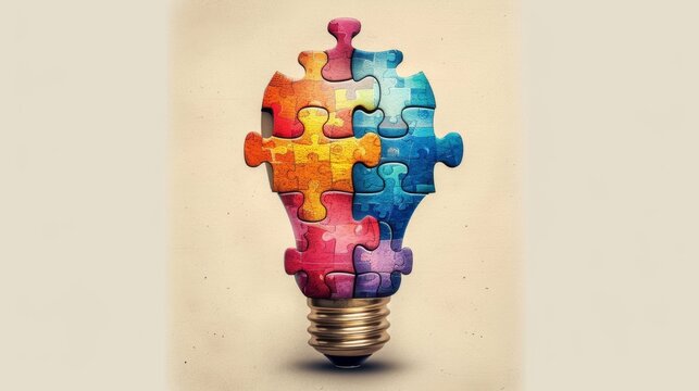 puzzle piece collaboration, a creative banner illustration with puzzle pieces interlocking to create a lightbulb shape a perfect fit for your ideas