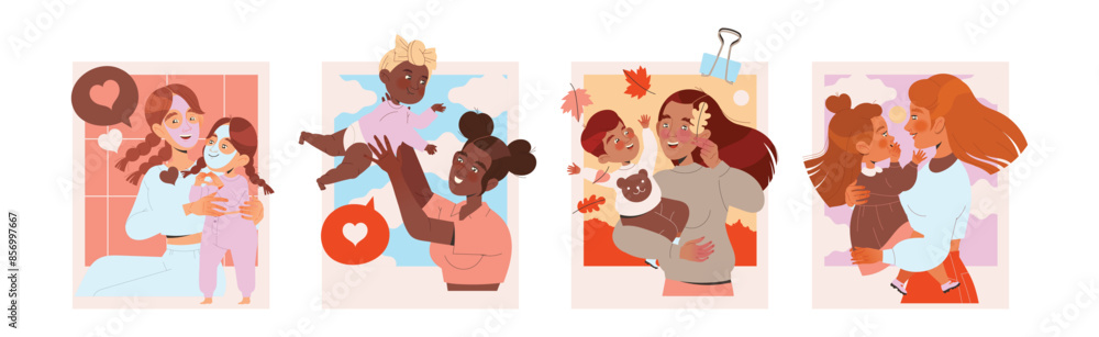 Poster mother and child playing and having fun together enjoying activity vector set